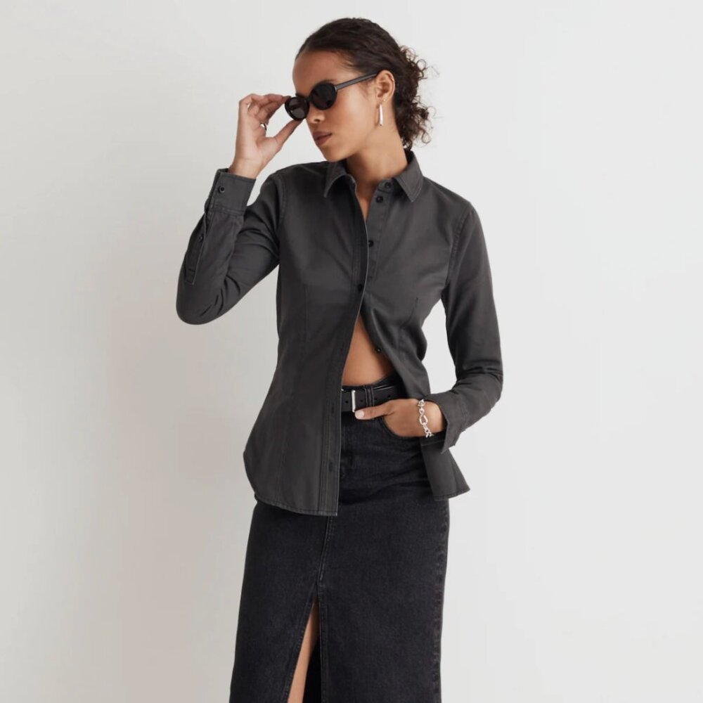 NWOT Madewell Darted Button-Up Shirt in (Re)generative Chino Dark Pavement - 4